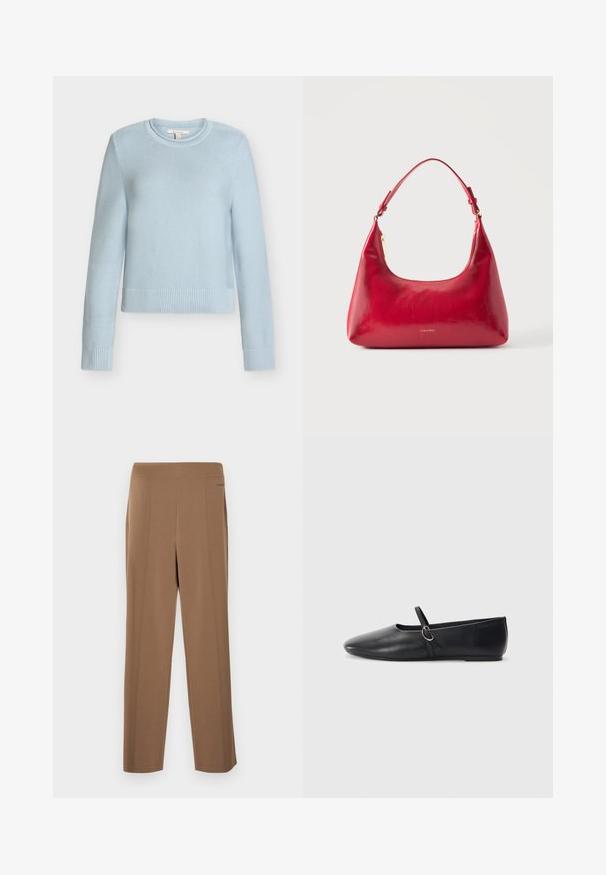 Pull en maille bleu clair à col rond avec manches longues et poignets et ourlet côtelés, présenté sur fond blanc.; Pantalon marron ajusté avec une texture lisse, doté d'une taille haute, de jambes droites et de coutures frontales discrètes pour plus de détails.; Ballerines noires en cuir avec un bout pointu, une semelle plate et une petite sangle avec un détail de boucle en argent.; Sac à épaule en cuir rouge avec fermeture éclair dorée et sangle réglable, logo Calvin Klein centré à l'avant.