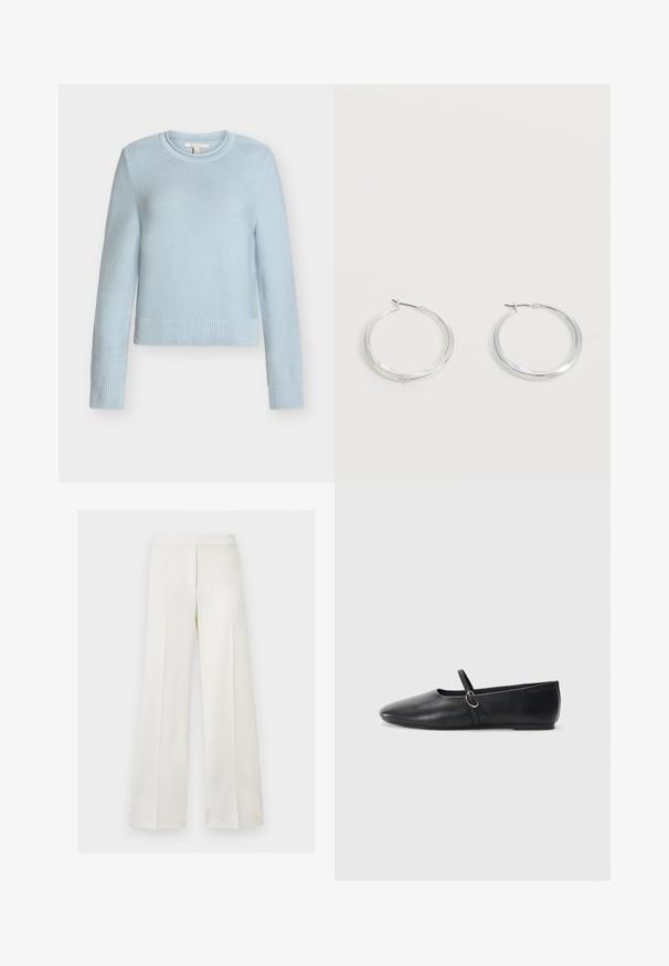 Pull en maille bleu clair à col rond avec manches longues et poignets et ourlet côtelés, présenté sur fond blanc.; Pantalon blanc taille haute à jambes larges avec fermeture éclair dissimulée à l'avant et design minimaliste sur fond uni.; Ballerines noires en cuir avec un bout pointu, une semelle plate et une petite sangle avec un détail de boucle en argent.; Boucles d’oreilles créoles en métal argenté avec une surface lisse légèrement incurvée et des fermoirs à clapet sur un fond blanc uni.