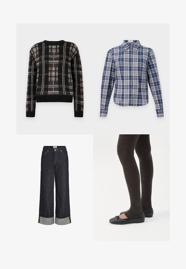 Suéter de punto negro con un patrón de cuadros en beige y blanco, cuello redondo, mangas largas y puños y dobladillo acanalados.; Camisa de botón de manga larga a cuadros en azul y blanco con cuello y botones marrones, exhibida plana sobre un fondo blanco.; Vaqueros azul oscuro de pierna ancha con dobladillos remangados, cinco bolsillos y costuras en contraste de color amarillo.; Piernas con leggings oscuros acanalados combinados con bailarinas negras que presentan pequeños detalles de lazo sobre un fondo blanco.