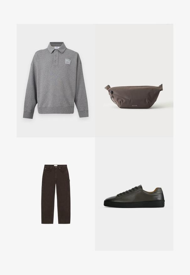 Siva polo majica s dugim rukavima, tri gumba i malom bijelom zakrpom s logotipom "Maison Kitsuné" na lijevoj prsa.; Tamnosmeđe traperice ravnih nogavica s prednjim džepovima, petljama za remen, kopčanjem na gumb i detaljem bočne petlje na bijeloj pozadini.; Niska tamnosiva kožna tenisica s crnim vezicama i đonom, minimalistički dizajn, bočni profil na jednobojnoj svijetloj pozadini.; Tamna smeđa platnena torbica za struk s dijagonalnim džepom na patentni zatvarač i malim bijelim logom sprijeda, na jednostavnoj svijetloj pozadini.