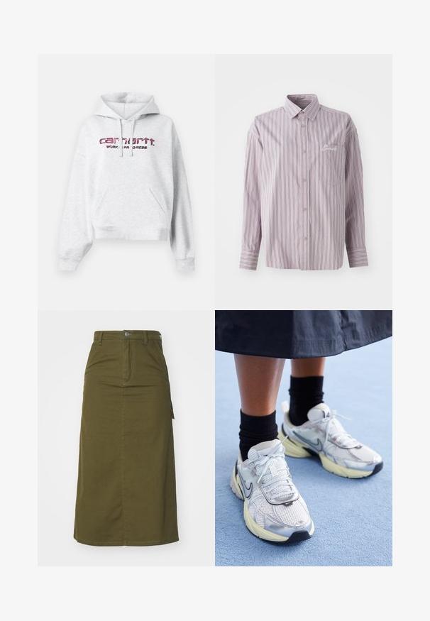 Grå hættejakke i fleece, med kengurulomme, snøre i hætten og en lyserød broderet "carhartt"-logo med "WORK IN PROGRESS."; Knapp-up skjorte i lavendel med vertikale striber i mørkegrå. Har en lille brystlomme og et broderet logo på venstre side.; Oliven grøn bomulds midi nederdel med lige snit, knaplukning, to sidelommer og en let split i kanten for bedre bevægelsesfrihed.; Hvide og sølv Nike sneakers med mesh-stof, reflekterende detaljer og en beige sål. Bæres med sorte sokker og står på en blå overflade.