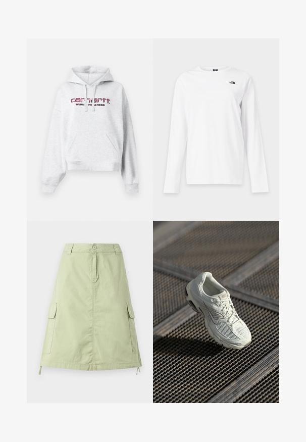 Grijze hoodie van fleece stof, met een kangoeroezak, een trekkoordkap en een roze geborduurd "carhartt" logo met "WORK IN PROGRESS."; Wit shirt met lange mouwen en ronde hals met klein zwart The North Face-logo op de linkerborst.; Lichtgroene katoenen knie-lange rok met twee zijcargo pockets, een knoopsluiting en een relaxte rechte pasvorm. Effen textuur.; Witte Nike hardloopschoen met bovenwerk van mesh en synthetisch materiaal, rustend op een metalen roostervloer in zacht natuurlijk licht.