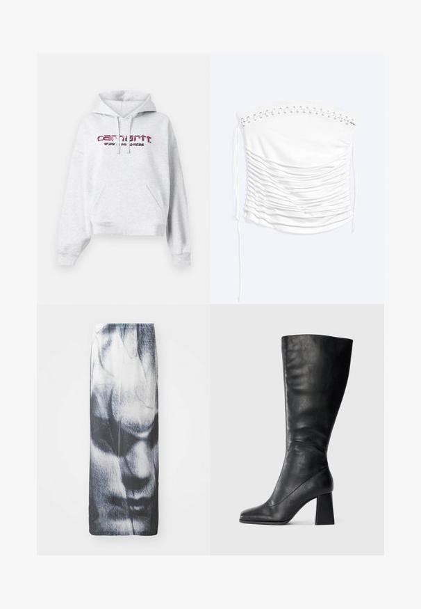 Grijze hoodie van fleece stof, met een kangoeroezak, een trekkoordkap en een roze geborduurd "carhartt" logo met "WORK IN PROGRESS."; Witte strapless top met kanten randen en geplooide details aan de voorkant, ontworpen met trekkoorden aan beide zijden.; Zwart-wit lange rok met een grafische print van een gezicht, met een soepele textuur en een aansluitende silhouet.; Zwarte kniehoge laars van glad leer, met een vierkante neus en een chunky blokhak. Eenvoudig ontwerp zonder versieringen.