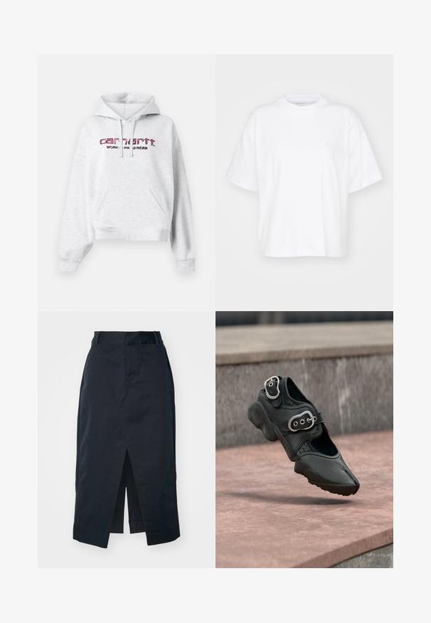 Grå hættejakke i fleece, med kengurulomme, snøre i hætten og en lyserød broderet "carhartt"-logo med "WORK IN PROGRESS."; Hvid bomulds t-shirt med rund hals, korte ærmer og en afslappet pasform. Har et diskret logo på venstre brystområde. Glat tekstur.; Mørkeblå midi-skirt lavet af en bomuldsblanding, med en frontslids, en skjult lynlås og sidelommer for funktionalitet.; Sort sko med delt tå og to sølvspændere, tyk sål og perforerede detaljer, svævende over en stenovertagelse.