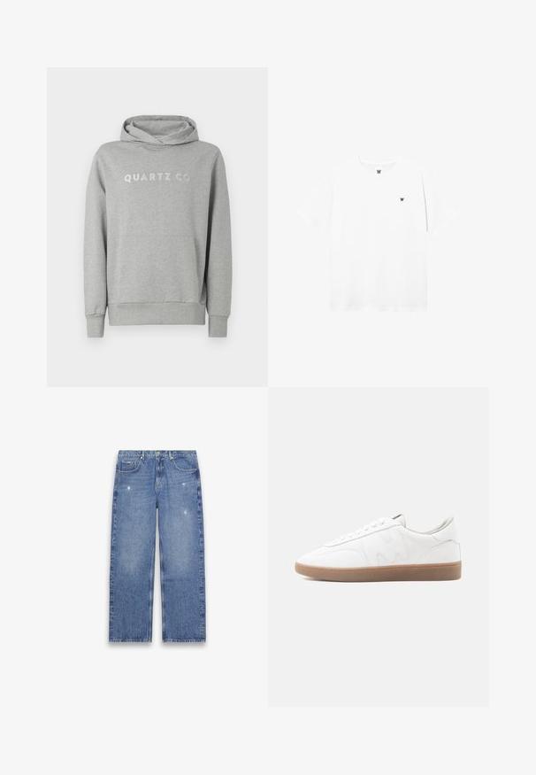 Grijze pullover hoodie van zachte stof, met een capuchon met trekkoord en een voorzak, met "QUARTZ CO" subtiel gedrukt op de borst.; Witte T-shirt met korte mouwen en ronde hals, met een klein rond logo dat een zwarte "W" toont op de linkerkant van de borst.; Blauwe rechte spijkerbroek met lichte slijtage, ontwerp met vijf zakken, knoop- en ritssluiting, plat gelegd op een witte achtergrond weergegeven.; Witte lage sneaker met een zool van geschuurd rubber, gestikte overlays en een vetersluiting op een neutrale achtergrond.