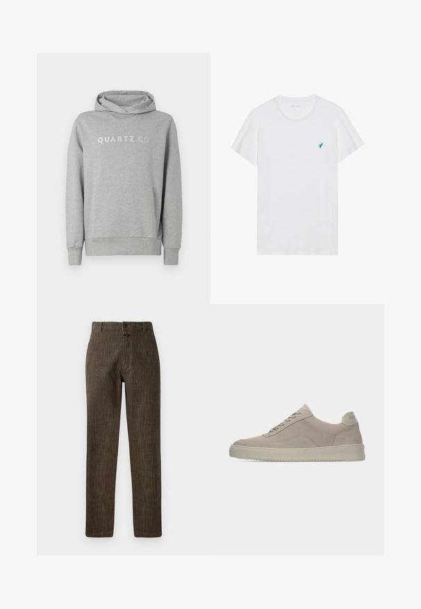 Sudadera con capucha gris hecha de un tejido suave, con capucha ajustable y bolsillo frontal, con "QUARTZ CO" impreso en un diseño sutil en el pecho.; Camiseta blanca de manga corta hecha de algodón, con un logo de pájaro bordado en azul en el lado izquierdo del pecho y un diseño clásico de cuello redondo.; Pantalones de pana marrón con rayas verticales, corte recto y cierre frontal con botón. Textura suave con un diseño clásico.; Zapatillas deportivas de ante beige con acabado texturizado, puntera redondeada y cordones tono sobre tono. Cuenta con una suela de goma gruesa y una sutil marca en el talón.