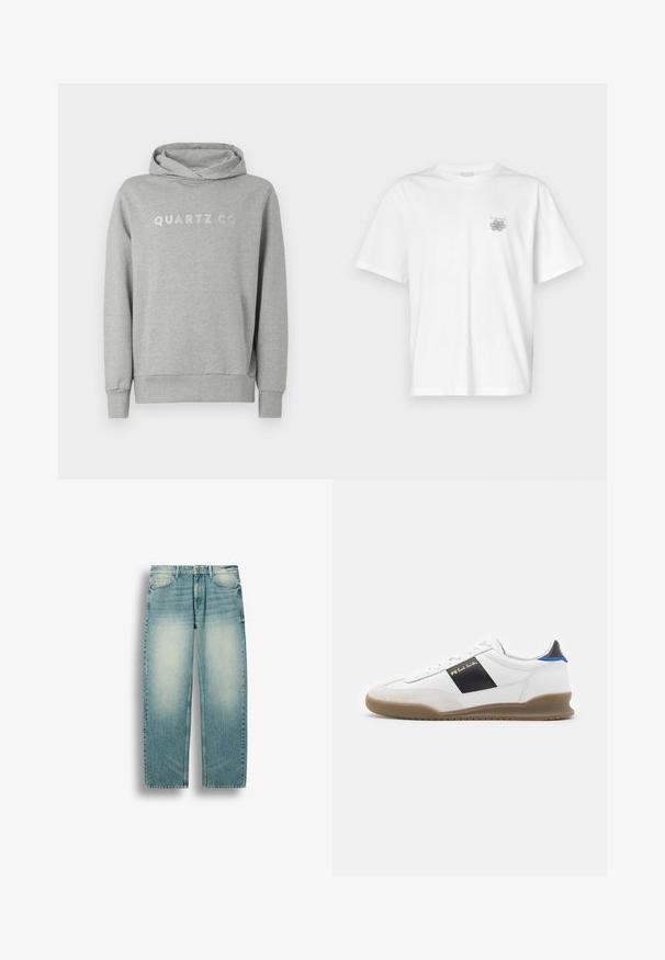 Sudadera con capucha gris hecha de un tejido suave, con capucha ajustable y bolsillo frontal, con "QUARTZ CO" impreso en un diseño sutil en el pecho.; Camiseta blanca de algodón con mangas cortas, cuello redondo y un pequeño logo gris en el lado izquierdo del pecho. Textura suave.; Vaqueros de mezclilla azul claro de pierna recta con zonas descoloridas en los muslos, bolsillos delanteros, trabillas para el cinturón y cierre de botón en la cintura.; Zapatilla blanca con detalles en negro y azul, parte superior de ante y cuero, puntera redonda, suela de goma plana y detalle de marca dorada en el costado.