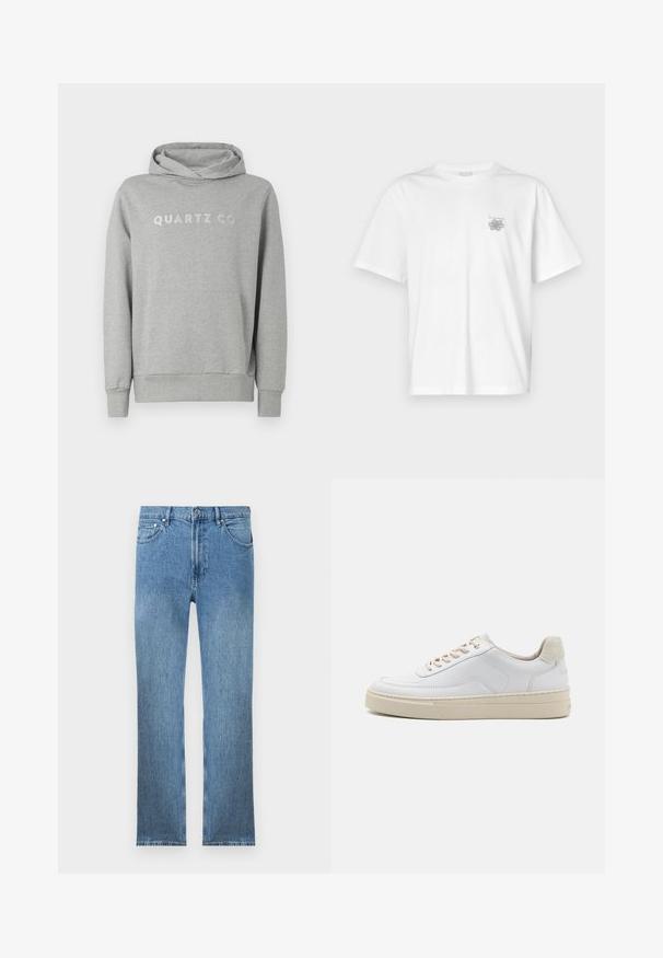 Grå sweatshirt med hætte lavet af blødt stof, med snørrehætte og frontlomme, med "QUARTZ CO" trykt i et diskret design på brystet.; Hvid t-shirt lavet af bomuld med korte ærmer, rund halsudskæring og et lille gråt logo på venstre brystområde. Glat tekstur.; Lysblå denim jeans med lige snit, fem lommer, lynlås og kontrastsyninger. Stoffet har en glat, tekstureret overflade.; Hvide sneakers med en glat læderoverdel, beige snørebånd og en tekstureret beige ruskindsheel-tab. Hævet sål for ekstra højde.