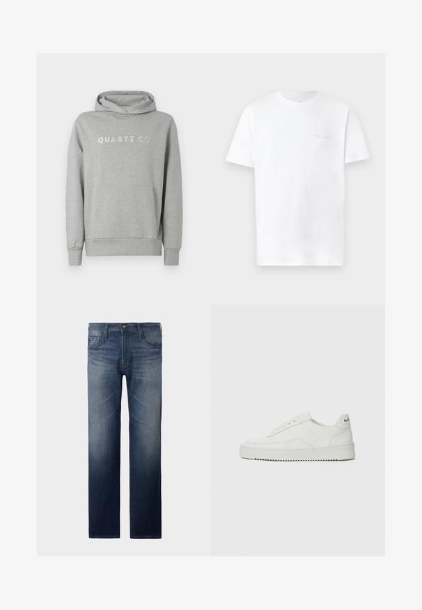 Grijze pullover hoodie van zachte stof, met een capuchon met trekkoord en een voorzak, met "QUARTZ CO" subtiel gedrukt op de borst.; Witte katoenen t-shirt met korte mouwen, ronde halslijn, met een subtiele grijze logo-afdruk op de linkerkant van de borst en een gladde textuur.; Rechtemodel jeans in donkerblauwe wassing. Voorzien van vijf zakken, ritssluiting en knoopsluiting. Licht vervaagde structuur bij de dij. Denim stof.; Witte leren sneaker met een gladde afwerking, ronde neus, platte veters en een gestructureerde zool. Kenmerkt zich door een subtiel logo op de hiel.