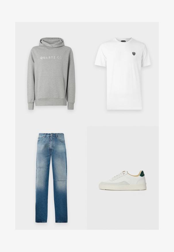 Haut à capuche gris en tissu doux, doté d'une capuche avec cordon et d'une poche frontale, avec "QUARTZ CO" imprimé dans un design subtil sur la poitrine.; T-shirt en coton blanc à manches courtes, avec un petit logo noir sur la zone de la poitrine gauche. Design classique à col rond.; Jean en denim bleu clair avec une coupe droite, un lavage décoloré et deux coutures horizontales. Comprend cinq poches et une fermeture à bouton.; Baskets blanches avec des accents en daim, bout arrondi, lacets plats et semelle en caoutchouc crème. Présente une marque verte sur le talon.