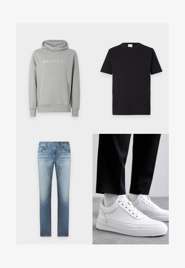 Haut à capuche gris en tissu doux, doté d'une capuche avec cordon et d'une poche frontale, avec "QUARTZ CO" imprimé dans un design subtil sur la poitrine.; T-shirt en coton noir avec un col rond et des manches courtes. Présente une coupe droite et un design minimal, avec une étiquette visible au niveau du col.; Jeans en denim bleu clair avec une coupe droite, dotés d'un délavage, de cinq poches et d'une fermeture éclair avec un bouton en métal.; Baskets blanches en cuir avec une semelle en caoutchouc plat, présentant une finition lisse, un bout rond et des œillets en métal pour les lacets. Portées avec un pantalon noir.