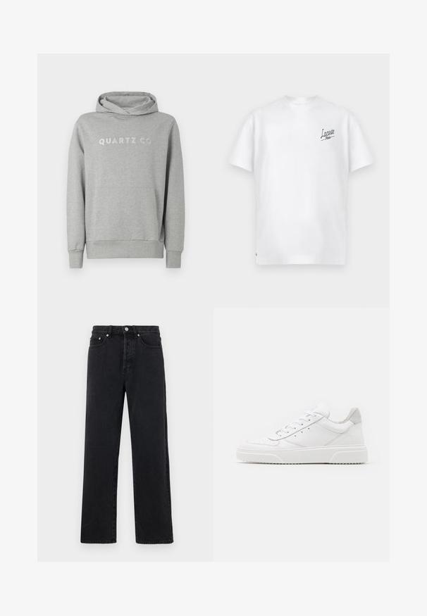 Grijze pullover hoodie van zachte stof, met een capuchon met trekkoord en een voorzak, met "QUARTZ CO" subtiel gedrukt op de borst.; Witte katoenen t-shirt met een ronde hals en korte mouwen. Heeft een groen "Lacoste Paris" logo op de linkerborst. Zachte textuur.; Zwarte denim jeans met rechte pijpen en een hoge taille, voorzien van vijf zakken en sluiting met metalen knoop. De stof heeft een gladde textuur en een lichte glans.; Witte leren sneakers met een gladde afwerking, ronde neus, platte veters en een gestructureerde zool. Grijze suède accent bij de hiel.