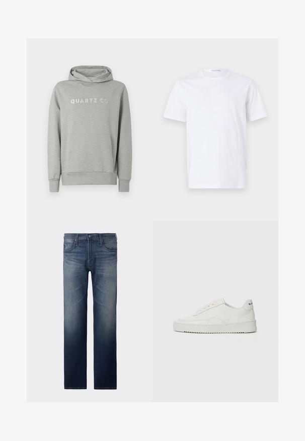 Grå sweatshirt med hætte lavet af blødt stof, med snørrehætte og frontlomme, med "QUARTZ CO" trykt i et diskret design på brystet.; Hvid bomulds t-shirt med rund halsudskæring og korte ærmer. Glat tekstur, lige snit og minimalistisk design uden mønstre eller accenter.; Straight-leg jeans i mørkeblåt vask. Har fem lommer, lynlås og knaplukning. Let slidte tekstur ved låret. Denim stof.; Hvide lædersneakers med en glat overflade, rund tå, flade snørebånd og en tekstureret sål. Har et diskret logo på hælen.