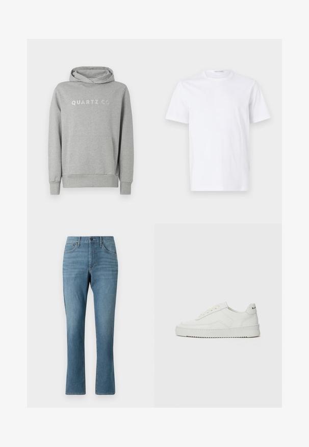 Grå sweatshirt med hætte lavet af blødt stof, med snørrehætte og frontlomme, med "QUARTZ CO" trykt i et diskret design på brystet.; Hvid bomulds t-shirt med rund halsudskæring og korte ærmer. Glat tekstur, lige snit og minimalistisk design uden mønstre eller accenter.; Lyst blå denim jeans med lige ben, der har for- og baglommer, en lynlås foran og en diskret falmning i stoffet.; Hvide lædersneakers med en glat overflade, rund tå, flade snørebånd og en tekstureret sål. Har et diskret logo på hælen.