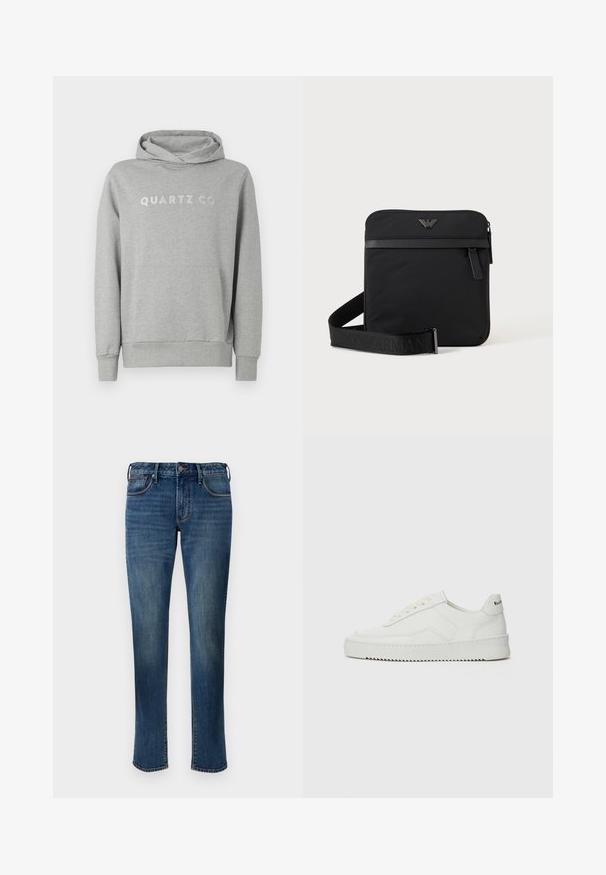 Hallitusroheline kapuutsiga sviiter, mis on valmistatud pehmest kangast. Sellel on reguleeritav kapuuts ja eesmine tasku, millel on rinnaosas diskreetne "QUARTZ CO" trükk.; Keskmise sinise pesuga denim teksad. Omab sirget jala disaini, viit taskut, ees olevat tõmblukk ja kontrastset õmblust.; Valge nahast tennis, millel on sile põhi, ümar varvas, lamedad nöörid ja tekstuuriline tall. Sisaldab diskreetset logo kontsaribal.; Must ruudukujuline õlakott tõmblukuga, esitasku ja reguleeritava rihmaga, millel on reljeefne kaubamärgi nimi.