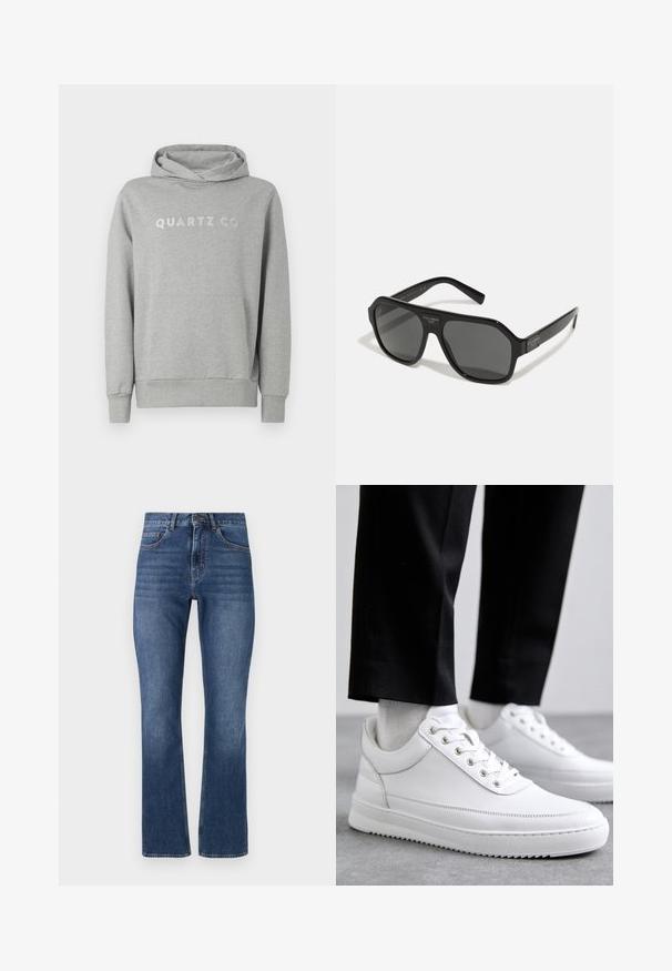 Grijze pullover hoodie van zachte stof, met een capuchon met trekkoord en een voorzak, met "QUARTZ CO" subtiel gedrukt op de borst.; Blauwe denim jeans met een rechte pasvorm, voorzien van standaardzakken en een gestikte tailleband, met een gemiddeld wassing en subtiele wassing.; Witte leren sneakers met een platte rubberen zool, met een soepele afwerking, ronde neus en metalen oogjes voor de veters. Draag ze met een zwarte broek.; Dolce&Gabbana Zonnebril - black