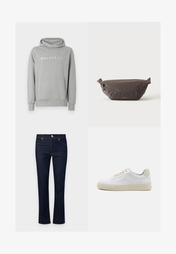 Haut à capuche gris en tissu doux, doté d'une capuche avec cordon et d'une poche frontale, avec "QUARTZ CO" imprimé dans un design subtil sur la poitrine.; Jean en denim avec un délavage bleu foncé, coupe droite, cinq poches et couture contrastante. Fermeture à bouton sur le devant.; Sneaker blanche avec un dessus en cuir lisse, des lacets beige et un onglet de talon en daim beige texturé. Semelle surélevée pour une hauteur supplémentaire.; Sac banane en tissu marron foncé avec poche zippée en diagonale et petit logo blanc sur le devant, sur un fond clair uni.