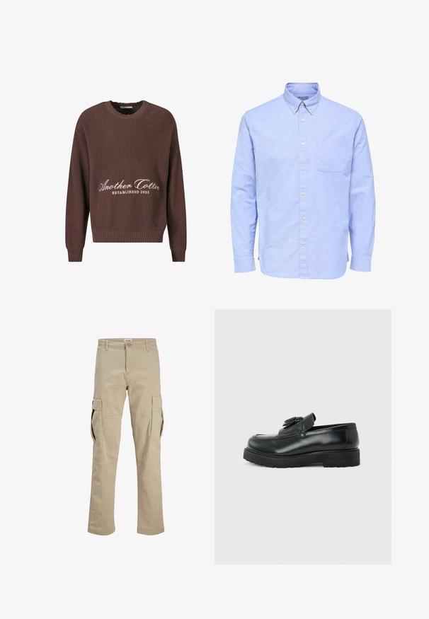 Suéter marrón de punto acanalado con cuello redondo. Presenta el texto blanco "Another Cotton Established 2023" en el frente y puños acanalados.; Camisa azul claro de manga larga con botones, cuello abotonado y un solo bolsillo en el pecho en el lado izquierdo.; Pantalones cargo beige con cierre de botón, trabillas para cinturón y grandes bolsillos de solapa en ambos muslos, mostrados planos sobre un fondo blanco.; Mocasín de cuero negro con borlas, suela de caucho gruesa y tacón bajo, mostrado de perfil sobre un fondo liso.