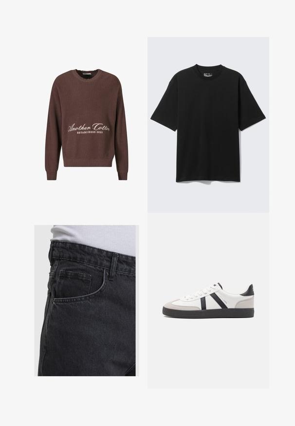 Suéter marrón de punto acanalado con cuello redondo. Presenta el texto blanco "Another Cotton Established 2023" en el frente y puños acanalados.; Camiseta negra de algodón de manga corta y corte holgado, con cuello redondo, mostrada sobre un fondo claro y liso.; Vaqueros de mezclilla negros con bolsillo delantero visible y presilla para cinturón, usados con una camiseta blanca de canalé metida por dentro en la cintura.; Zapatilla blanca con acentos en negro y gris, que presenta una puntera texturizada en gris, suela de goma negra y cordones planos blancos. Diseño limpio, estilo minimalista.