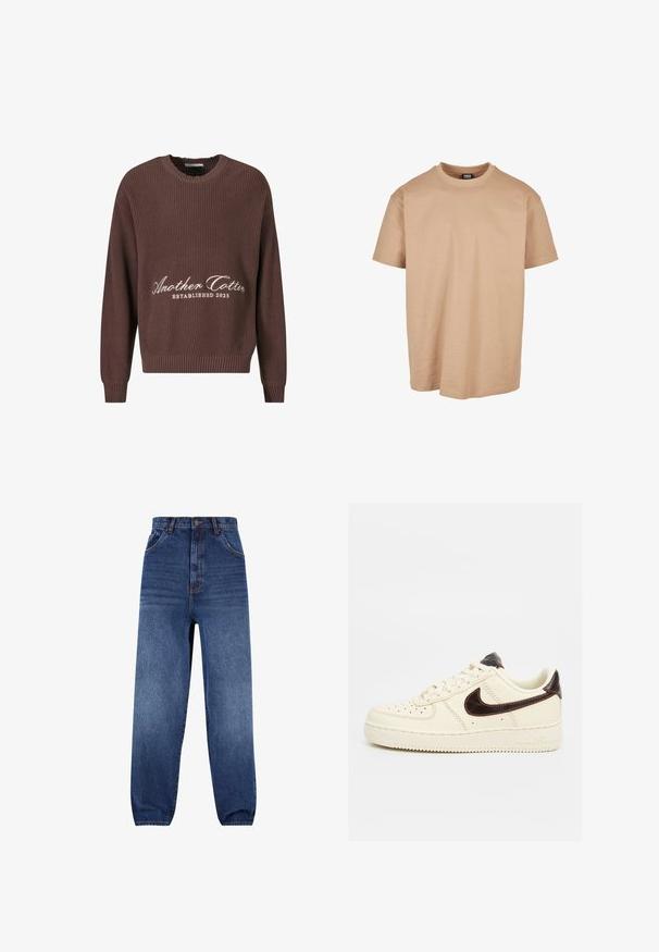 Pull en tricot côtelé marron avec un col rond. Présente un texte blanc "Another Cotton Established 2023" sur le devant et des poignets côtelés.; T-shirt en coton beige avec un col rond, des manches courtes et une coupe décontractée ; présente une texture lisse et un design minimal.; Jean en denim bleu foncé. Design taille haute avec une coupe décontractée. Comprend des poches avant et un effet de décoloration subtil sur les jambes.; Sneakers basses beige Nike Air Force 1 avec logo swoosh noir, lacets beiges et semelle beige sur fond neutre.