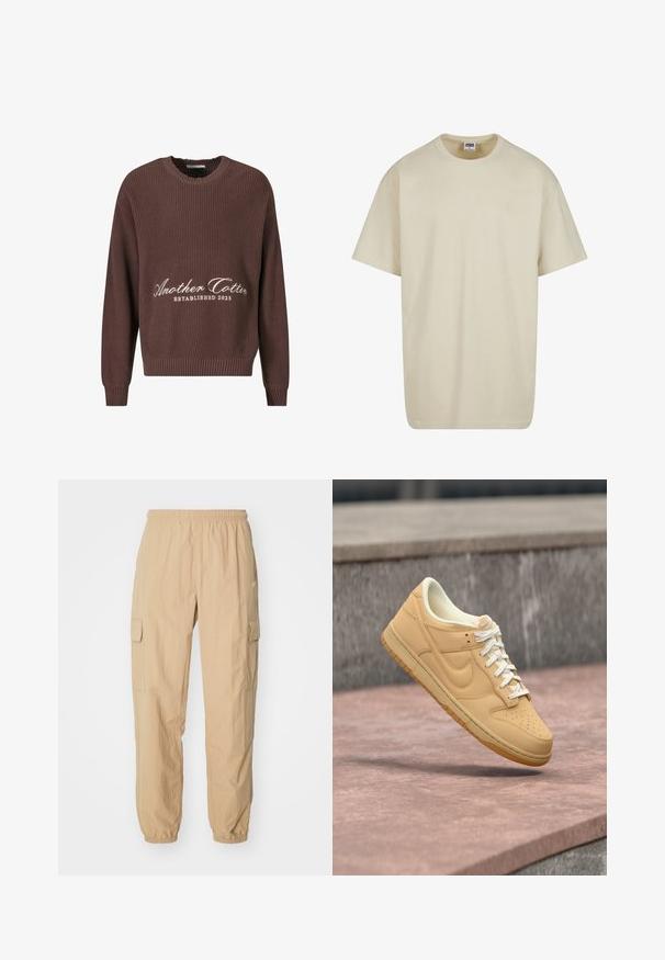 Pull en tricot côtelé marron avec un col rond. Présente un texte blanc "Another Cotton Established 2023" sur le devant et des poignets côtelés.; T-shirt en coton beige clair à manches courtes, col rond et coupe décontractée. Le tissu semble lisse, sans motifs ni accents visibles.; Pantalons cargo beiges en tissu léger, avec une taille élastique, deux poches latérales et des poignets élastiques aux chevilles.; Baskets basses Nike couleur beige avec lacets blancs et semelle en gomme flottant au-dessus d'une surface en pierre et d'un fond en béton.