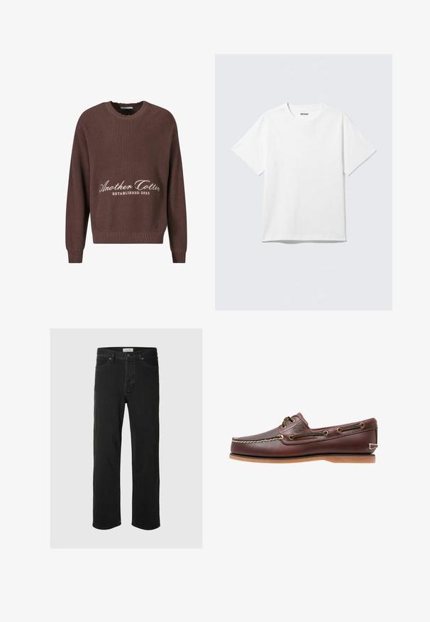 Suéter marrón de punto acanalado con cuello redondo. Presenta el texto blanco "Another Cotton Established 2023" en el frente y puños acanalados.; Camiseta blanca de manga corta con cuello redondo, colocada plana, diseño liso, con etiqueta "WEEKDAY" en el interior del cuello sobre un fondo claro.; Los jeans rectos de mezclilla negra presentan un diseño clásico de cinco bolsillos con cierre de botón, costuras mínimas y una textura suave.; Zapato náutico de cuero marrón con costuras blancas, detalles de cordones y suela de goma color coñac, mostrado de lado sobre un fondo blanco.