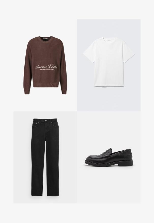 Suéter marrón de punto acanalado con cuello redondo. Presenta el texto blanco "Another Cotton Established 2023" en el frente y puños acanalados.; Camiseta blanca de manga corta con cuello redondo, colocada plana, diseño liso, con etiqueta "WEEKDAY" en el interior del cuello sobre un fondo claro.; Pantalones vaqueros negros de denim con diseño de pierna recta, configuración de cinco bolsillos y cierre con botón metálico con textura sutil. Sin patrones ni acentos visibles.; Mocasines de cuero negro con puntera redondeada, costuras tonales y un detalle de tira en la parte frontal. Suela de goma con un tacón bajo.