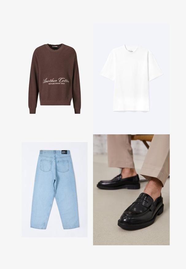 Suéter marrón de punto acanalado con cuello redondo. Presenta el texto blanco "Another Cotton Established 2023" en el frente y puños acanalados.; Camiseta lisa blanca de manga corta y cuello redondo con un corte relajado, mostrada sobre un fondo claro.; Jeans de mezclilla azul claro con un ajuste relajado, que cuentan con dos bolsillos traseros y una etiqueta visible en la cinturilla. Textura suave, diseño de pierna recta.; Mocasines de cuero negro con un acabado suave, que cuentan con una correa decorativa y costuras en contraste, combinados con pantalones beiges.