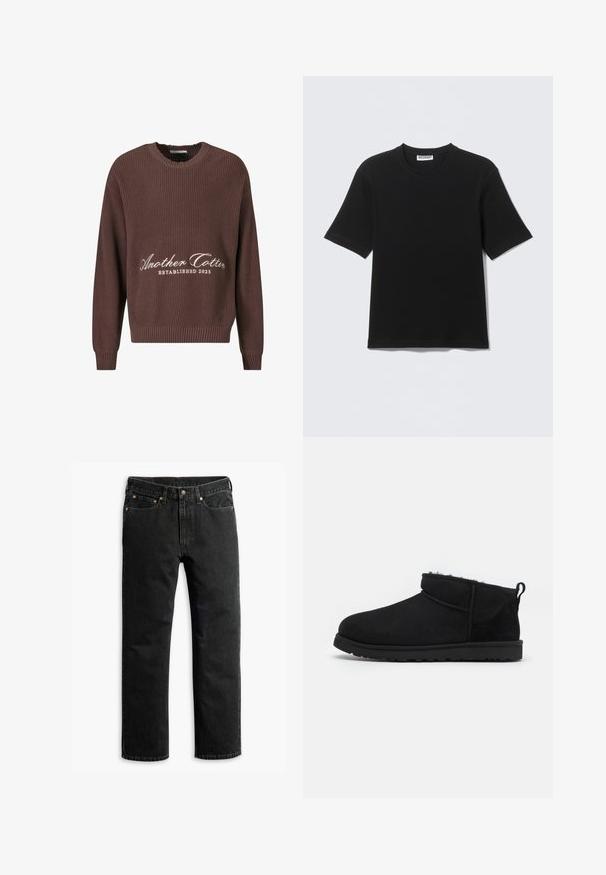 Suéter marrón de punto acanalado con cuello redondo. Presenta el texto blanco "Another Cotton Established 2023" en el frente y puños acanalados.; Camiseta negra de manga corta con cuello redondo y etiqueta "WEEKDAY" en el interior del cuello, mostrada plana sobre un fondo claro.; Jeans de mezclilla negros de pierna recta con cinco bolsillos, trabillas para cinturón y un cierre de botón en la cintura, dispuestas en una superficie plana sobre un fondo blanco.; Botines de ante negros con un forro suave y texturizado, suela de goma de perfil bajo y una lengüeta en la parte posterior para facilitar su uso.