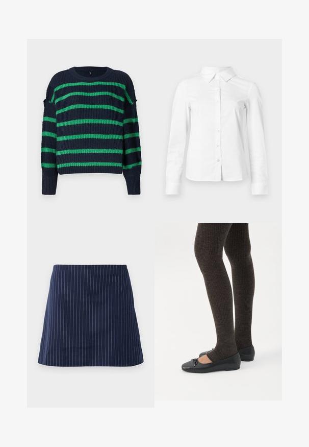 Suéter de punto azul marino con rayas horizontales verdes y puños acanalados, con un cuello redondo y un ajuste ligeramente holgado.; Camisa blanca de manga larga con botones, cuello puntiagudo, bajo recto y silueta ajustada, presentada sobre un fondo claro y liso.; Falda azul marino con finas rayas verticales blancas y un corte recto, por encima de la rodilla, mostrada sobre un fondo blanco liso.; Piernas con leggings oscuros acanalados combinados con bailarinas negras que presentan pequeños detalles de lazo sobre un fondo blanco.