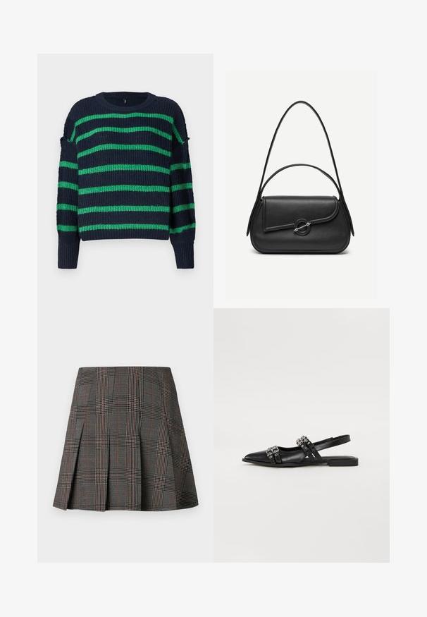 Suéter de punto azul marino con rayas horizontales verdes y puños acanalados, con un cuello redondo y un ajuste ligeramente holgado.; Falda de cuadros gris con pliegues, con intrincados patrones en blanco y negro, acentuados por delgadas líneas rojas. Está hecha de una tela estructurada.; Even&Odd Bailarinas con tira trasera - black; Bolso de cuero negro con bordes redondeados, solapa asimétrica, cierre circular de metal y correas de hombro cortas y largas.