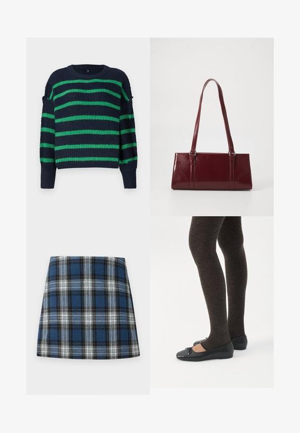 Suéter de punto azul marino con rayas horizontales verdes y puños acanalados, con un cuello redondo y un ajuste ligeramente holgado.; Falda de cuadros azul con un patrón de cuadros variado en azul, negro y blanco. Confeccionada con una tela texturada y un silueta ajustada.; Piernas con leggings oscuros acanalados combinados con bailarinas negras que presentan pequeños detalles de lazo sobre un fondo blanco.; Bolso burdeos hecho de material brillante, de forma rectangular, con dos asas para el hombro y sutiles acentos curvados en la parte frontal.