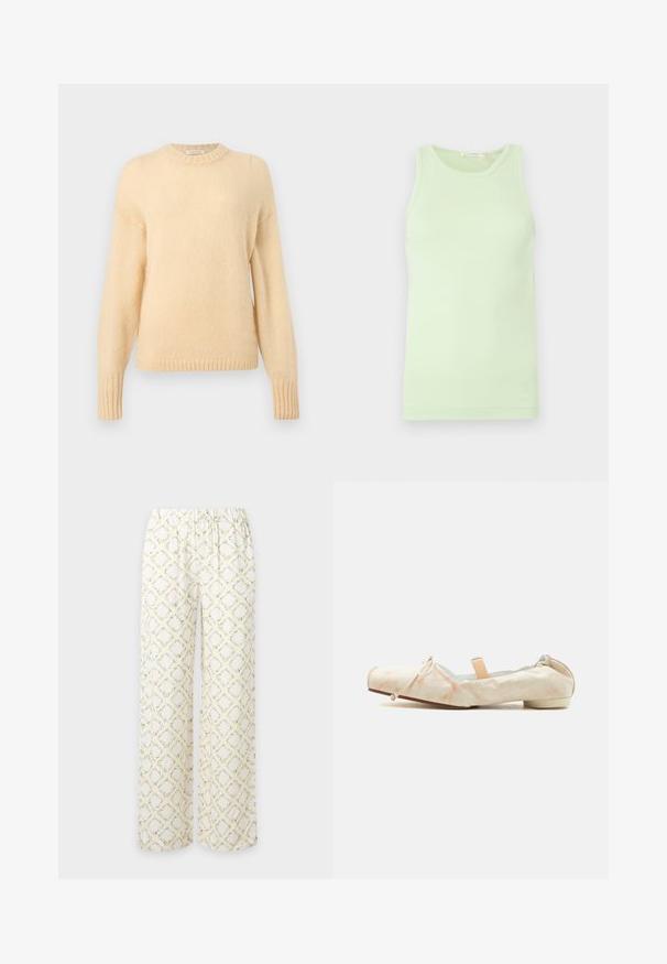 Pull tricot à manches longues de couleur crème avec des poignets et un ourlet côtelés, et un col rond.; Débardeur vert clair sans manches avec encolure ronde, tissu lisse et détail subtil du logo sur l'ourlet inférieur.; Pantalon blanc ample avec un motif floral losange vert clair et jaune et une taille élastique.; Ballerine en tissu doux beige avec un petit talon, un dos élastique, un détail de nœud sur l'orteil et une sangle élastique pêche traversant le cou-de-pied.