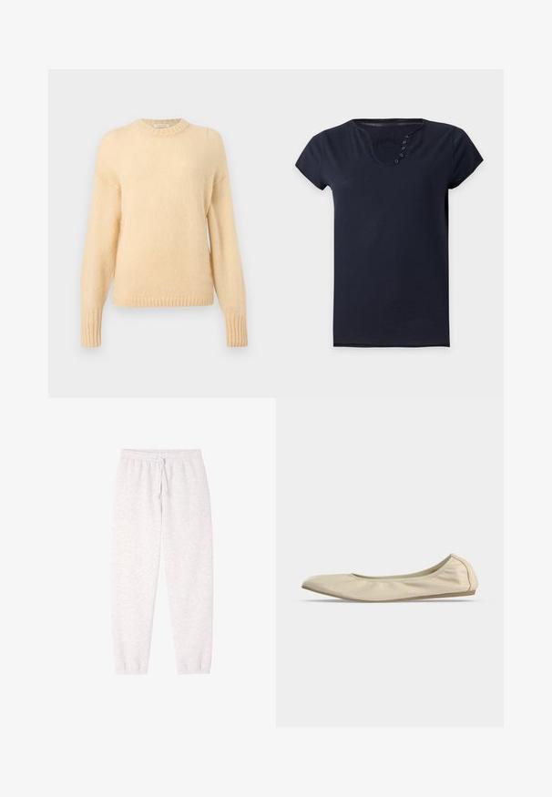 Pull tricot à manches longues de couleur crème avec des poignets et un ourlet côtelés, et un col rond.; Chemise bleu foncé à manches courtes avec un col rond et cinq petits boutons sur le côté gauche du col.; Pantalon de jogging gris clair avec ceinture élastique, cordon de serrage et poignets élastiques sur fond blanc uni.; Ballerine beige en cuir souple avec bout arrondi, profil latéral bas et semelle fine en caoutchouc sur fond blanc uni.