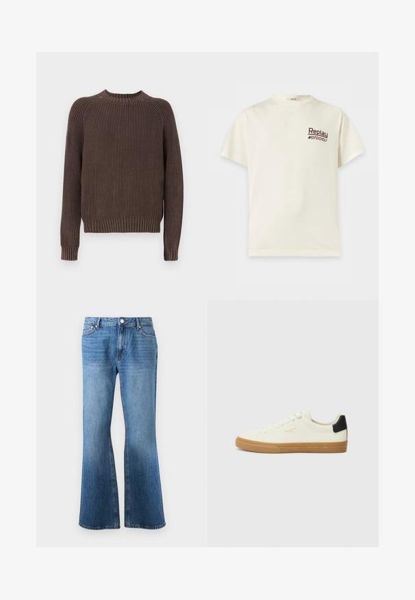 Pull marron côtelé à manches longues, col rond et taille cintrée. Confectionné dans un matériau en maille texturée.; T-shirt crème à manches courtes avec col rond et "Replay Motocicli" imprimé en petites lettres sombres sur la poitrine gauche.; Jean en denim bleu avec une taille haute et une coupe large, comportant des poches avant, des passants de ceinture et une fermeture par bouton.; Sneaker en toile blanche avec une semelle en gomme, accent au talon noir, bout rond et design à lacets. Présente le logo de la marque en doré sur le côté.