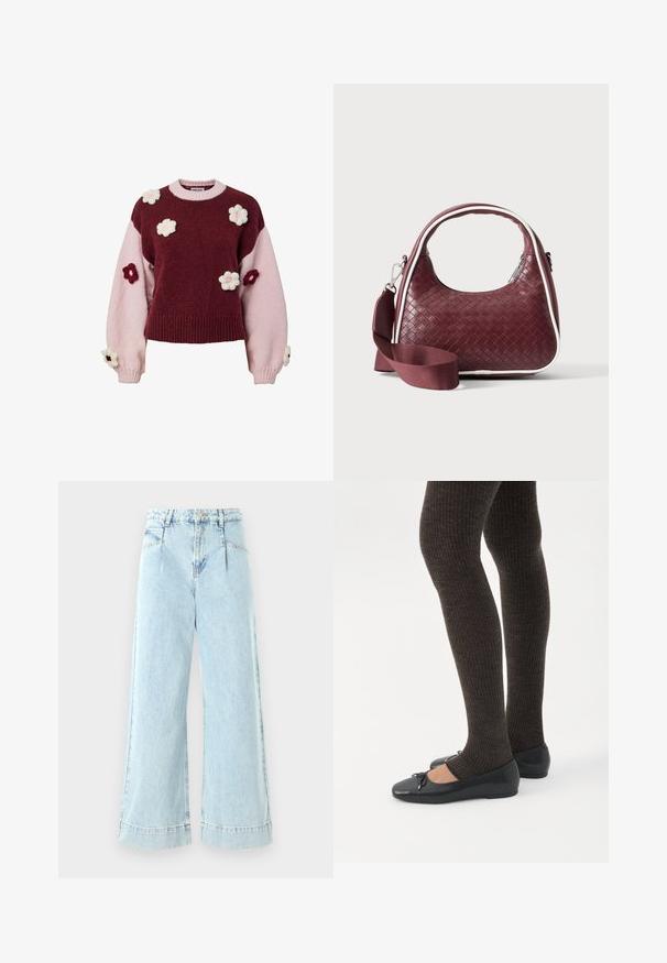 Pull en maille avec sections bordeaux et roses, orné d'appliqués floraux tricotés en rose et bordeaux sur les manches et le corps.; Jeans larges en denim bleu clair, avec une taille haute, des poches avant et des accents cousus à l'ourlet.; Jambes portant des leggings côtelés foncés associés à des ballerines noires avec de petits détails en nœud sur fond blanc.; Sac à main en cuir tressé marron foncé avec poignée courbée, garniture blanche, fermeture éclair argentée et bandoulière large en tissu amovible sur fond uni.