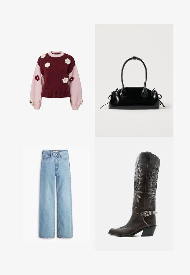 Pull en maille avec sections bordeaux et roses, orné d'appliqués floraux tricotés en rose et bordeaux sur les manches et le corps.; Jean large taille haute en denim bleu clair avec fermeture à bouton et zip à l'avant, passants de ceinture et cinq poches.; Botte de cowboy en cuir noir avec découpes décoratives, boucle argentée et talon incliné, présentée sur fond blanc.; Petit sac à main noir brillant avec deux longues anses et des détails à cordon sur les côtés sur un fond clair uni.