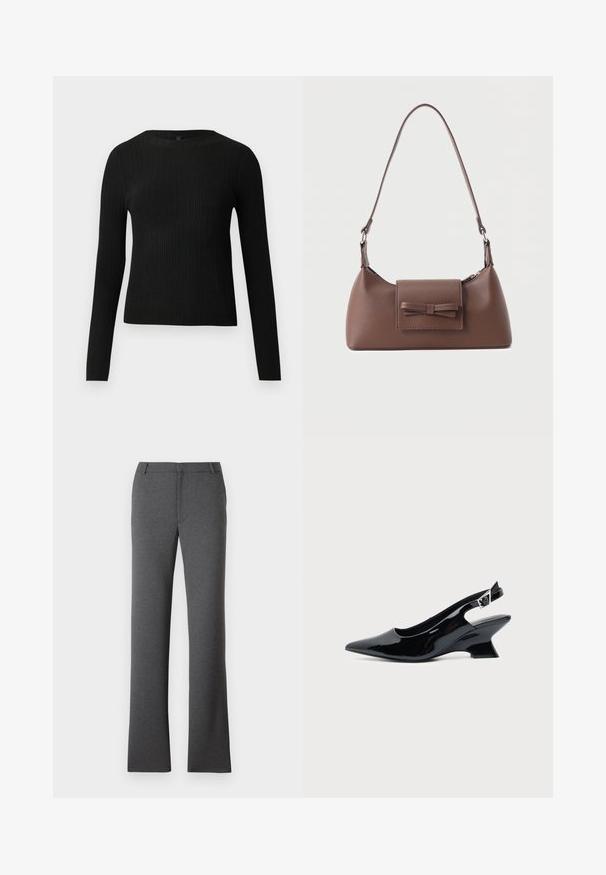 Pull ajusté noir à manches longues et côtelé avec un col rond, présenté sur un fond clair uni.; Pantalon gris avec une coupe droite. Fabriqué en tissu texturé, doté d'un devant plat et de passants de ceinture. Sans motifs ni éléments métalliques visibles.; Chaussure slingback en cuir verni noir avec bout pointu et petit talon bloc incliné sur fond clair uni.; Sac à bandoulière en cuir marron avec une poche à rabat avant ornée d'un détail en forme de nœud cousu et une sangle réglable.
