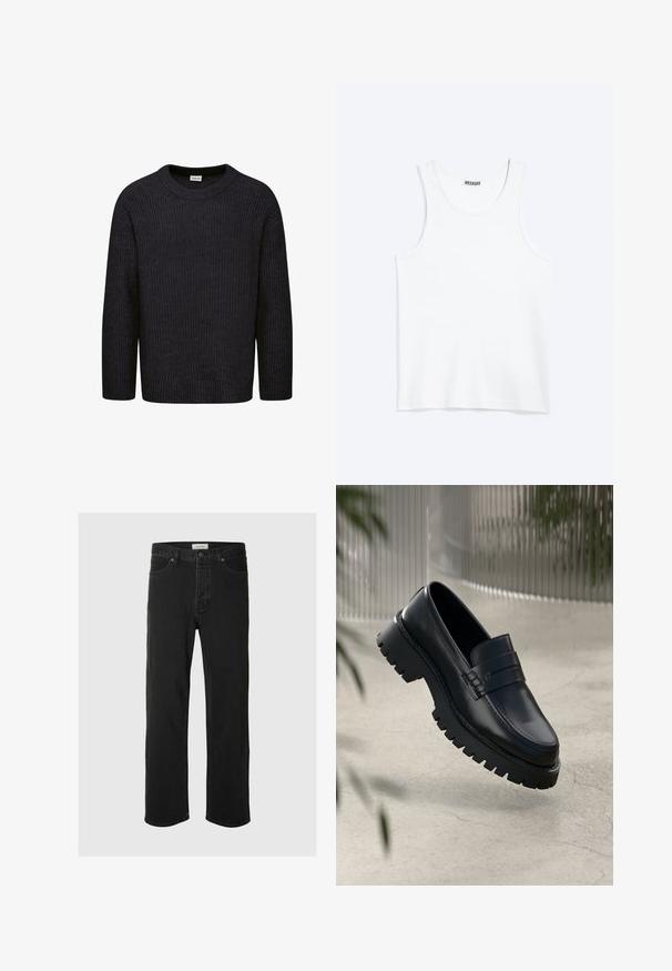 Pull en tricot gris foncé avec une texture côtelée, col rond et manches longues. Design simple sans motifs ni accents visibles.; Débardeur blanc sans manches avec col rond et étiquette de la marque Weekday à l'intérieur du col arrière, présenté à plat sur un fond clair.; Des jeans en denim noir à coupe droite disposent d'un design classique à cinq poches avec fermeture à bouton, de coutures minimales et d'une texture douce.; Mocassins en cuir noir avec une semelle à crampons épaisse, dotés d'une sangle décorative et de détails de couture. Texture lisse avec une finition polie.