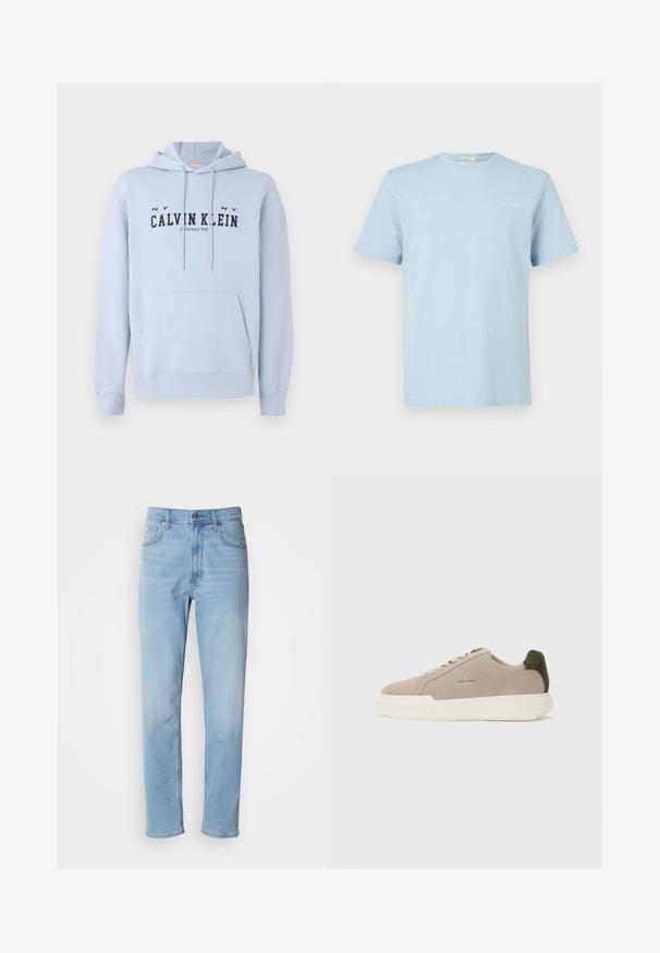 Ανοιχτό μπλε φουτουριστικό hoodie από ύφασμα, με μπροστινή τσέπη, κουκούλα με κορδόνια και μαύρο εκτυπωμένο κείμενο "CALVIN KLEIN Ιδρύθηκε το 1968" μπροστά.; Ανοιχτό μπλε κοντομάνικο T-shirt με στρογγυλή λαιμόκοψη και μικρό λευκό λογότυπο "Calvin Klein" στο αριστερό στήθος.; Ανοιχτό μπλέ τζιν παντελόνι με ίσια γραμμή, πέντε τσέπες και θηλιές ζώνης. Το ύφασμα έχει απαλή υφή με ελαφριά φθορά.; Μπεζ σουέτ αθλητικά παπούτσια με λευκή καουτσούκ σόλα, με σκούρο πράσινο τόνισμα στη φτέρνα και διακριτική σήμανση στο πλάι.