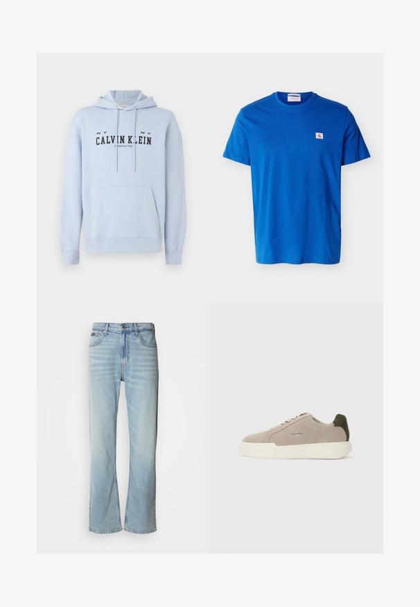 Ανοιχτό μπλε φουτουριστικό hoodie από ύφασμα, με μπροστινή τσέπη, κουκούλα με κορδόνια και μαύρο εκτυπωμένο κείμενο "CALVIN KLEIN Ιδρύθηκε το 1968" μπροστά.; Φωτεινό μπλε κοντομάνικο T-shirt με στρογγυλή λαιμόκοψη και μικρό άσπρο και κόκκινο λογότυπο CK στο αριστερό στήθος.; Ανοιχτό μπλε τζιν παντελόνι με ίσια γραμμή, που διαθέτει πέντε τσέπες, κλείσιμο με κουμπί και διακριτική φθορά στο ύφασμα.; Μπεζ σουέτ αθλητικά παπούτσια με λευκή καουτσούκ σόλα, με σκούρο πράσινο τόνισμα στη φτέρνα και διακριτική σήμανση στο πλάι.