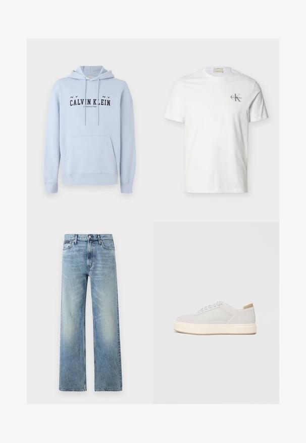 Ανοιχτό μπλε φουτουριστικό hoodie από ύφασμα, με μπροστινή τσέπη, κουκούλα με κορδόνια και μαύρο εκτυπωμένο κείμενο "CALVIN KLEIN Ιδρύθηκε το 1968" μπροστά.; Λευκό βαμβακερό κοντομάνικο T-shirt με μικρό γκρι λογότυπο «Calvin Klein» στο αριστερό μέρος του στήθους, στρογγυλή λαιμόκοψη και κανονική εφαρμογή.; Ανοιχτό μπλε τζιν παντελόνι με ίσια γραμμή και ψηλή μέση, πέντε τσέπες, κούμπωμα με κουμπί και διακριτικό ξεθώριασμα στους μηρούς και τα γόνατα.; Απαλά γκρι αθλητικά παπούτσια με ομαλή συνθετική επάνω επιφάνεια, στρογγυλή μύτη και υφή κρέμας στη μεσαία σόλα. Φωτεινές καφέ λεπτομέρειες στην φτέρνα.