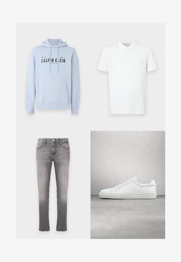 Ανοιχτό μπλε φουτουριστικό hoodie από ύφασμα, με μπροστινή τσέπη, κουκούλα με κορδόνια και μαύρο εκτυπωμένο κείμενο "CALVIN KLEIN Ιδρύθηκε το 1968" μπροστά.; Λευκό πόλο μπλουζάκι από μαλακό βαμβάκι, με κοντά μανίκια, κλασικό γιακά, δύο κουμπιά στη μύτη και έναν διακριτικό λογότυπο στο στήθος.; Γκρι τζιν από denim με ίσια γραμμή, διαθέτοντας ξεβαμμένο πλύσιμο, πέντε τσέπες και κλείσιμο με μεταλλικό κουμπί. Ορατές ραφές σε αντίθεση.; Λευκό αθλητικό παπούτσι με άνω μέρος από λείο δέρμα και χαμηλό προφίλ. Διαθέτει στρογγυλεμένη μύτη, έξι τρυπούλες και υφασμένη καουτσούκ σόλα.