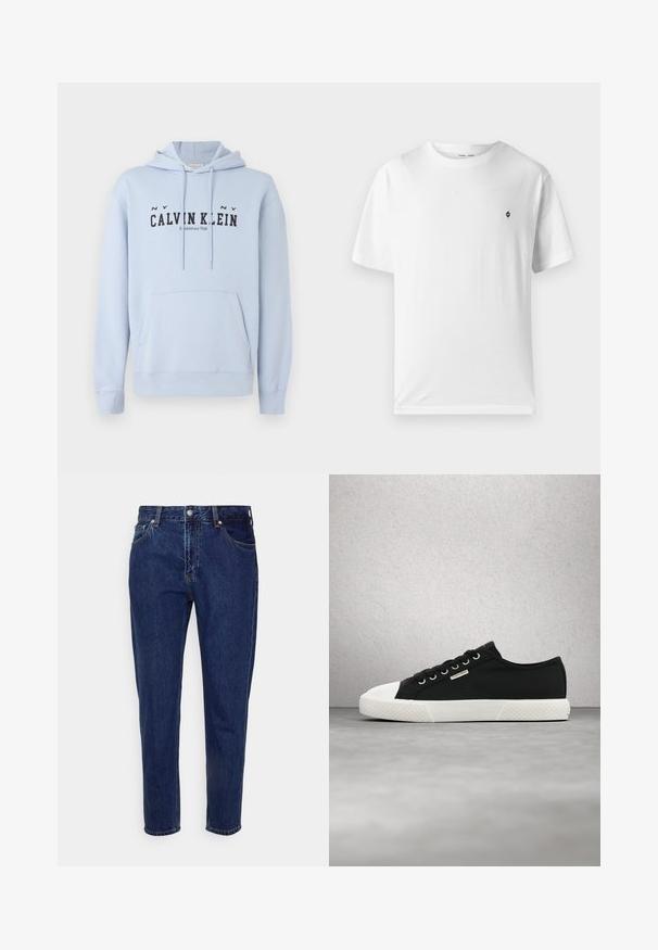 Ανοιχτό μπλε φουτουριστικό hoodie από ύφασμα, με μπροστινή τσέπη, κουκούλα με κορδόνια και μαύρο εκτυπωμένο κείμενο "CALVIN KLEIN Ιδρύθηκε το 1968" μπροστά.; Λευκό βαμβακερό t-shirt με στρογγυλή λαιμόκοψη, κοντά μανίκια και μικρό μαύρο λογότυπο στο στήθος. Μαλακή υφή, χαλαρή γραμμή.; Σκούρο μπλε τζιν με ίσιο μπατζάκι, μπροστινό κούμπωμα με κουμπί και φερμουάρ, θηλιές για ζώνη και τσέπες μπροστά και πίσω.; Ασπρόμαυρο χαμηλό αθλητικό παπούτσι Calvin Klein με κορδόνια, αιωρούμενο πάνω από ομαλή γκρι επιφάνεια κοντά σε τοίχο από γυάλινα τούβλα.