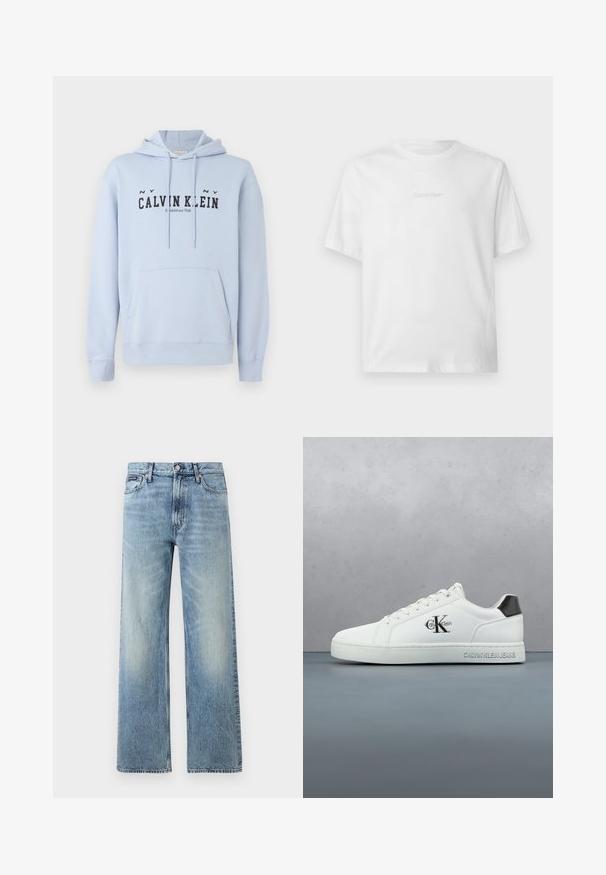 Ανοιχτό μπλε φουτουριστικό hoodie από ύφασμα, με μπροστινή τσέπη, κουκούλα με κορδόνια και μαύρο εκτυπωμένο κείμενο "CALVIN KLEIN Ιδρύθηκε το 1968" μπροστά.; Λευκό T-shirt με κοντά μανίκια και στρογγυλή λαιμόκοψη, με διακριτικό ανάγλυφο λογότυπο Calvin Klein στο κέντρο του στήθους.; Ανοιχτό μπλε τζιν παντελόνι με ίσια γραμμή και ψηλή μέση, πέντε τσέπες, κούμπωμα με κουμπί και διακριτικό ξεθώριασμα στους μηρούς και τα γόνατα.; Άσπρο δερμάτινο αθλητικό παπούτσι με λεία επιφάνεια, κορδόνια, στρογγυλεμένη μύτη και αντίθετη μαύρη λεπτομέρεια στη φτέρνα. Η λαστιχένια σόλα προσφέρει κράτημα.