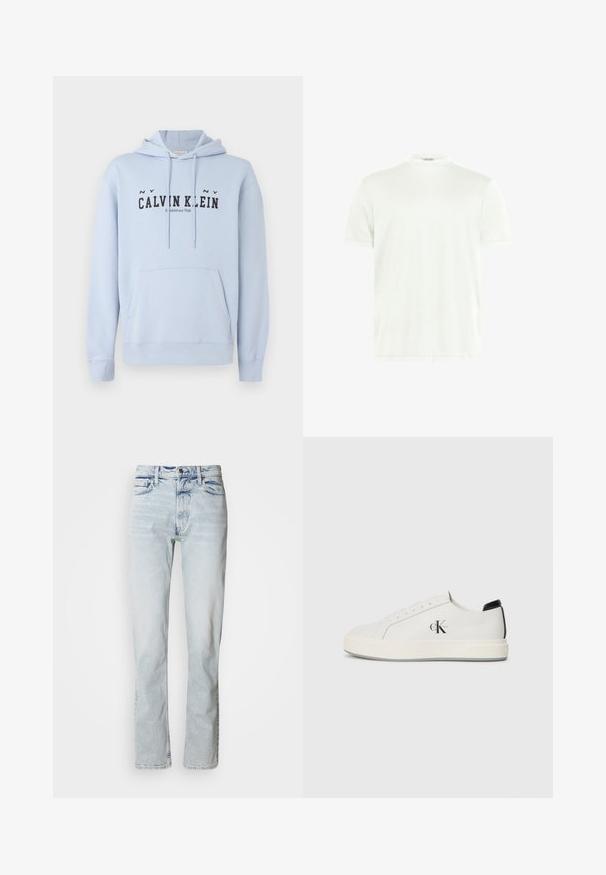 Ανοιχτό μπλε φουτουριστικό hoodie από ύφασμα, με μπροστινή τσέπη, κουκούλα με κορδόνια και μαύρο εκτυπωμένο κείμενο "CALVIN KLEIN Ιδρύθηκε το 1968" μπροστά.; Άσπρο T-shirt με στρογγυλή λαιμόκοψη από μαλακό ύφασμα. Κοντά μανίκια, χωρίς σχέδια. Απλός σχεδιασμός με ίσια ραφή και ελάχιστες λεπτομέρειες.; Ανοιχτό μπλε τζιν παντελόνι με ίσια γραμμή, φθαρμένη υφή, σχεδιασμό με πέντε τσέπες και κλασικό κούμπωμα με κουμπί στη μέση.; Λευκά δερμάτινα αθλητικά παπούτσια με στρογγυλή μύτη, επίπεδη καουτσούκ σόλα και μαύρη λεπτομέρεια στη φτέρνα. Διαθέτει έντονο μαύρο λογότυπο Calvin Klein στο πλάι.