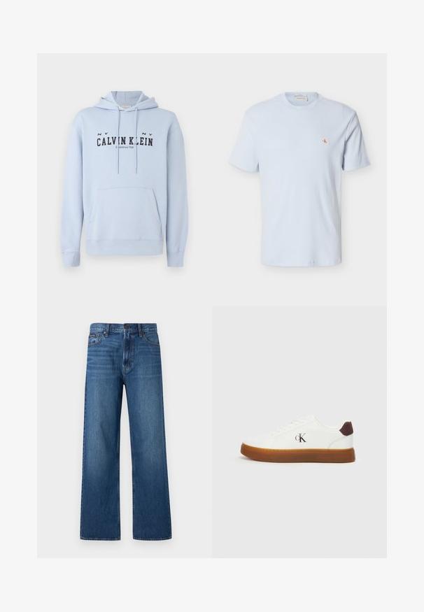 Ανοιχτό μπλε φουτουριστικό hoodie από ύφασμα, με μπροστινή τσέπη, κουκούλα με κορδόνια και μαύρο εκτυπωμένο κείμενο "CALVIN KLEIN Ιδρύθηκε το 1968" μπροστά.; Ανοιχτό μπλε κοντομάνικο μπλουζάκι πλεκτό στο σχέδιο βάφλας με στρογγυλή λαιμόκοψη και μικρό κόκκινο λογότυπο "CK" στο αριστερό στήθος.; Μπλε τζιν παντελόνι με ψηλή μέση και ίσια γραμμή, με κουμπί και φερμουάρ μπροστά, πέντε τσέπες και ένα μικρό διακριτικό με το λογότυπο στη δεξιά τσέπη.; Λευκά αθλητικά παπούτσια με καουτσούκ σόλα, επίπεδους κορδόνια και καφέ σουέτ λεπτομέρεια στη φτέρνα. Διαθέτει μια διακριτική ανάγλυφη λογότυπο "cK" στο πλάι.