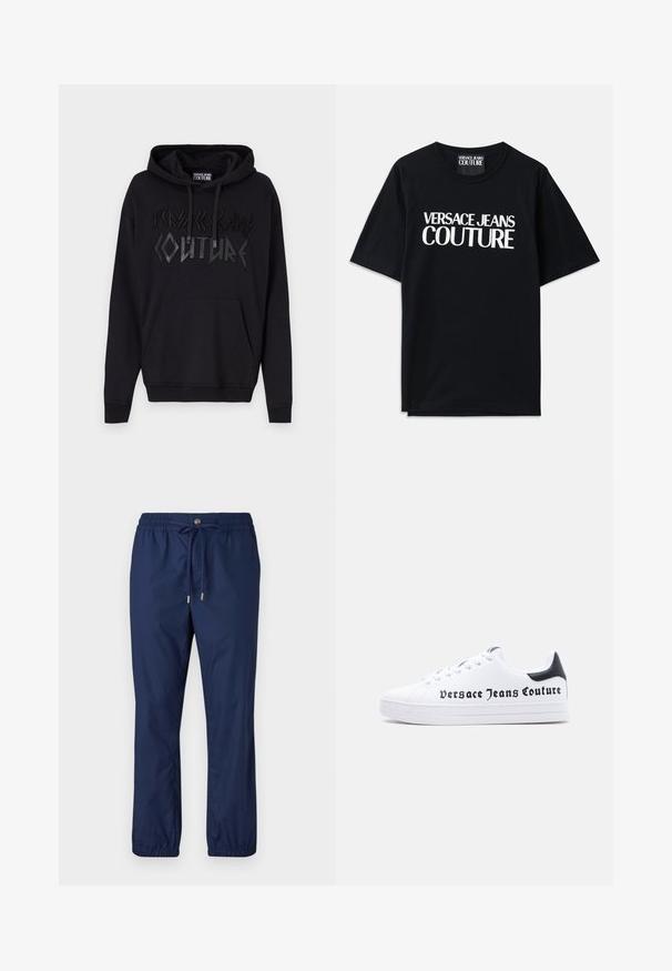 Mustat hupparit, joissa on etupuolella kengurupocket. Esittää kohotettua mustaa tekstiä "VERSACE JEANS COUTURE" rohkealla, kulmikkaalla fontilla. Puuvillasekoitekangas.; Musta puuvillainen t-paita lyhyillä hihoilla, jossa on suuri valkoinen teksti "VERSACE JEANS COUTURE" edessä. Klassinen pyöreä kaula-aukko.; Navy blue kevyet housut, joissa on joustava vyötärö, nyöri ja käärityt lahkeet. Valmistettu sileästä materiaalista, yksinkertaisella muotoilulla.; Valkoinen matala tennari mustalla kantakappaleella, nyöritys ja "Versace Jeans Couture" -logo painettuna mustalla sivulle.