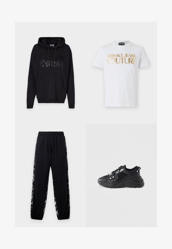 Haut à capuche noir avec une poche kangourou à l'avant. Présente des lettres en relief noires "VERSACE JEANS COUTURE" dans une police audacieuse et angulaire. Tissu en mélange de coton.; T-shirt en coton blanc avec un lettrage doré en gras "VERSACE JEANS COUTURE" sur le devant. Col rond et manches courtes.; Pantalon de jogging noir avec taille élastique et bas de jambes élastiques, présentant des rayures imprimées florales grises et blanches le long des côtés extérieurs des jambes.; Baskets noires à semelle épaisse, avec des panneaux en mesh et des accents en cuir. Comprennent des lacets blancs et un logo sur le côté.