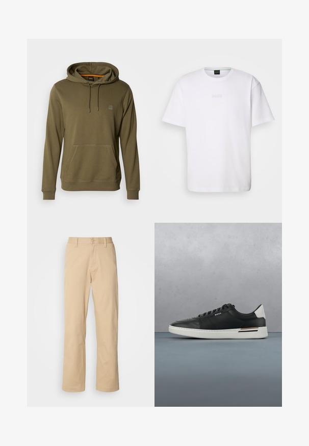 Olijf groene hoodie van zacht materiaal, met een voorzak, verstelbare trekkoordcapuchon en een subtiele logopatch op de borst.; Witte katoenen T-shirt met korte mouwen, ronde halslijn en reliëf 'BOSS' logo op de borst. Veilig textuur, standaard pasvorm.; HUGO ZAYN - Broek - medium beige; Zwarte leren sneaker met witte zool, voorzien van perforaties, vetersluiting, logo aan de zijkant en contrasterend hieldetail in wit en bruin.